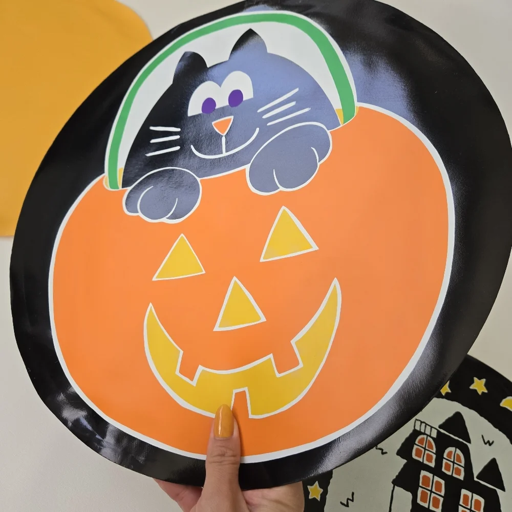 Vtg 80s Vinyl Halloween Placemats Black Cat Spooky Ghost Vinyl Nostalgia Round‎